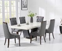 raphael 200cm white and black pedestal marble dining table with angelica chairs