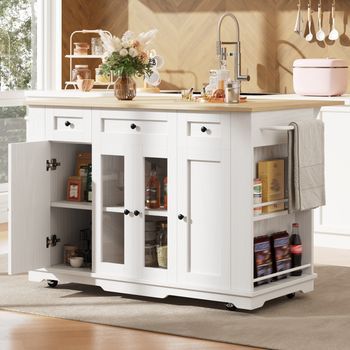 Isla De Cocina Blanca Con Mesa Plegable, Encimera Efecto Madera Y Vidrio Templado