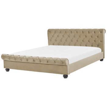 Cama Doble Tapizada En Terciopelo Beige 180 X 200 Cm Con Cabecero Acolchado Estilo Glam Avallon