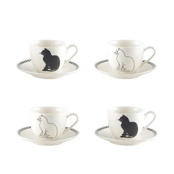 Tazas de café con platos de gato negro y blanco - set de 4
