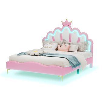 Cama Doble Tapizada - Cama Princesa Con Led Ajustable - Cama Infantil - 140 X 200 Cm - Rosa
