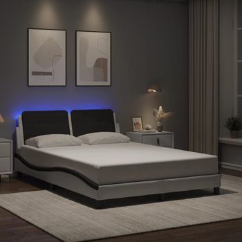 Cama Matrimonial | Cama Para Adultos | Estructura Cama Con Led Cuero Sintético Blanco Negro 120x200 Cm Cfw59188