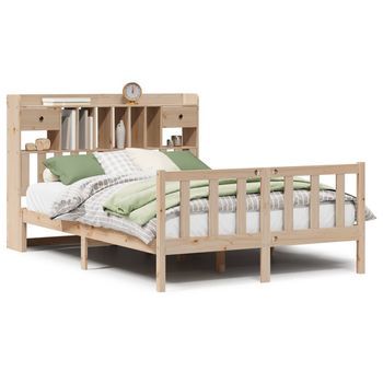 Cama Matrimonial | Cama Para Adultos | Cama Con Estantería Sin Colchón Madera Maciza De Pino 140x190cm