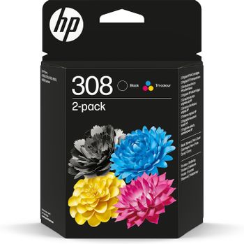 HP 308 6L6S6UE - Negro y Tricolor (Color), 2 Cartuchos de Tinta Originales, Pack Paquete de 2 Unidades, Compatible con Impresoras de Inyección de Tinta HP DeskJet 2910, 2920, 4320 Envy 6110e, 6120e,