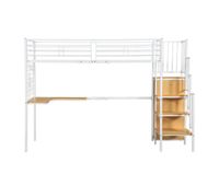 cama de hierro 90x200cm - cama alta con escritorio y armario escalera lateral con barandilla - blanconatural