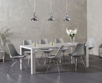 atlanta 200cm light grey high gloss dining table with celine faux leather chrome leg chairs