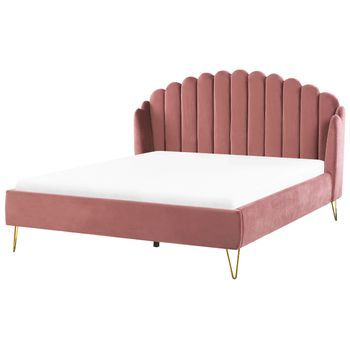 Cama Con Somier De Terciopelo Rosa 180 X 200 Cm Patas De Metal Cabecero Retro Capitoné Ambillou