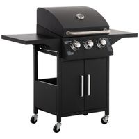 outsunny barbacoa de gas con 3 quemadores 87 kw con 2 mesas laterales armario de 2 puertas 4 ruedas y frenos 121x55x109 cm negro   aosom espana