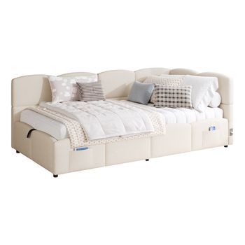 Sofá Cama Con Almacenaje Y Puertos Usb, Cama Individual 90x200 Tapizada En Tela Bouclé Beige