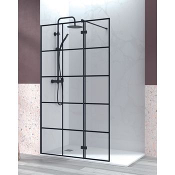 Mampara De Ducha Fijo De Ducha + 1 Puerta Abatible Cuadrícula| Cristal Templado 6mm Antical | 195cm Altura | 70-120cm | Negro Mate - Cuadrícula Negra - 90cm + 40cm