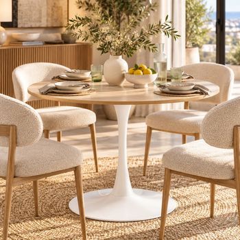 Mesa de comedor redonda para 4 a 5 personas, diámetro 100 cm, acabado en melamina imitación roble, base redonda de metal blanco - TULIPS