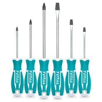 Total Tools - Juego De 6 Destornilladores Con Punta Imantada | 3 De Punta Plana Y 3 De Punta Phillips | Con Varilla Redonda | Mango Ergonómico Bimaterial | Acero
