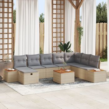 Juego De Sofá De Jardín De 9 Piezas Con Cojines Beige Poliratán V8659 Unico / Beige