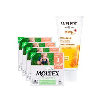 Pack Especial Crema De Pañal De Caléndula Weleda 75ml + Pack Ahorro Pañales Moltex Pure & Nature   T3 (4-10 Kg) 224 Uds
