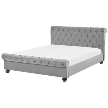 Cama De Agua De Terciopelo Gris Claro Negro 160 X 200 Cm Patas De Madera Avallon