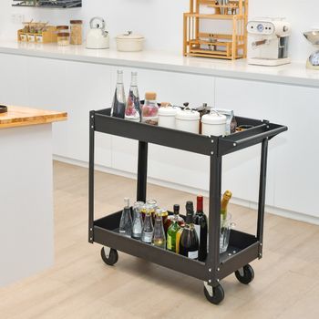 Carro Multiusos De 2 Pisos Con Manija Estructura De Metal Carga 50 Kg Negro 85 X 41 X 79 Cm