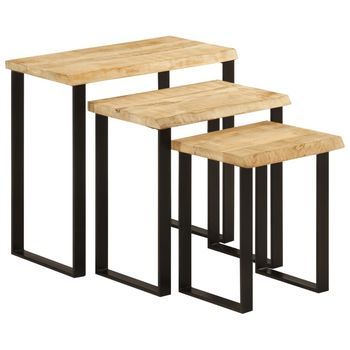 Set De 3 Mesas Apilables Con Borde Natural Madera Maciza Mango Vidaxl