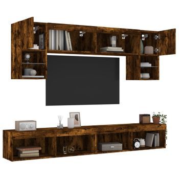 6 Uds Muebles Tv Pared | Mueble De Salón | Armario Tv Con Led Madera Ingeniería Roble Ahumado Cfw781059