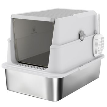 PawHut Arenero para Gatos de Acero Inoxidable XL Cerrado con Tapa Abatible Borde Alto Pala Antifugas Gris Claro