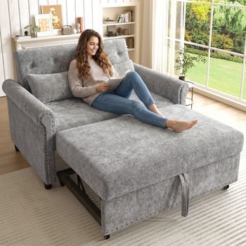 Sofá Convertible 3 En 1 Con Respaldo Reclinable (110°/145°/180°) - Tejido De Chenilla - Superficie Para Dormir: 170 X 98 Cm - 2 Cojines - Color Gris