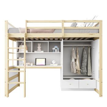 Cama Elevada 90x200 Cm, Con Escalera, Escritorio Con Almacenamiento, Armario Y Cajones, Cama Infantil/juvenil Individual, Madera, Diseño Minimalista, Robusto, Espacio Ahorrador, Ideal Para Dormitorios Pequeños