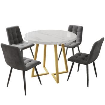 Conjunto De Mesa Redonda De 80 Cm Con Patas Doradas Y 4 Sillas Grises