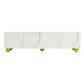 Mueble Para Tv Con Puertas Texturizadas, Aparador Bajo Con Tiradores Y Patas, Mueble Para Tv, Blanco