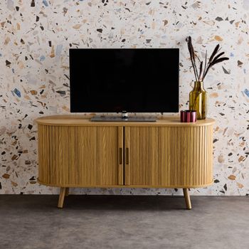 Mueble tv escandinavo con 2 puertas correderas acanaladas efecto