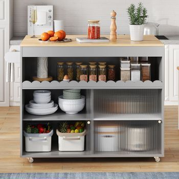 Carrito De Cocina Plegable, 122 Cm, Encimera Extensible De Chapado De Roble