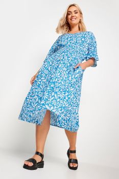 Limited Collection Vestido Azul Floral Con Lino Cintura Fruncida, Mujer Curvy Y Tallas Grandes, Yours