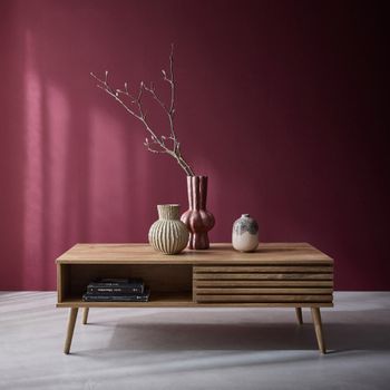 Mesa de centro escandinava con puertas correderas, natural