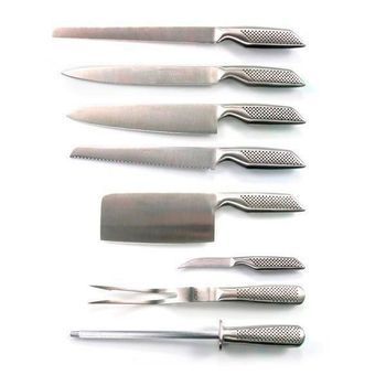 Juego De Cuchillos De Cocina Monoblock En Acero Inoxidable Con Chaira Afilador Y Tenedor De Trinchar (8 Piezas) Holstein