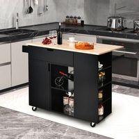 isla de cocina con hoja abatible carrito de servicio rodante tapa de madera caucho con cajon armario estante negro 124 x 76 x 92 cm