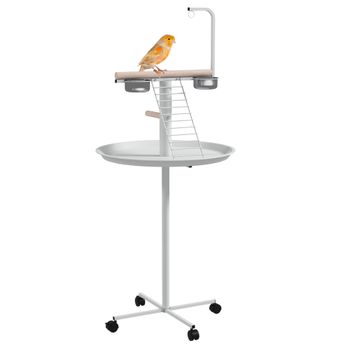 Comedero para pájaros PawHut con 4 ruedas, perchero, 2 bandejas extraíbles, redondo, de acero inoxidable, Ø 60 x H cm, blanco