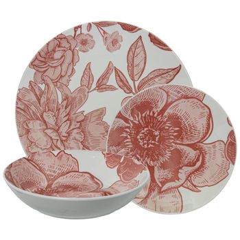 Vajilla 18 pzs porcelana flor rosa