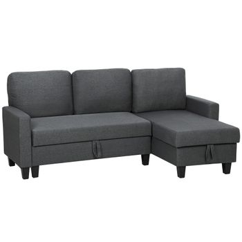 HOMCOM Sofá Cama 3 Plazas con Chaise y Espacio de Almacenamiento, en Tejido Efecto Lino, 197x129x85 cm, Gris carbón   Aosom España