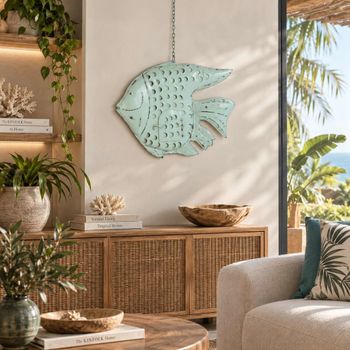 Decoración de pez de acero azul celeste 63x9x46 cm