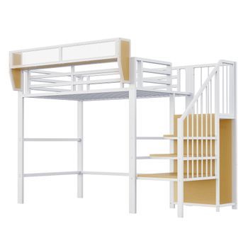 Cama Alta Blanca Con Escalera De Seguridad, Estante Flexible Y Estructura De Metal 90x200