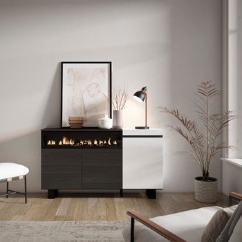 Aparador efecto madera blanco y negro 150x35x87 chimenea efecto fuego
