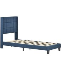 cama individual con cabecera acolchada y somier diseno moderno 90x200 cm color azul lino estructura de madera y acero base de listones elasticos sin necesidad de boxspring max peso 100 kg facil montaje