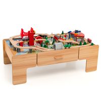 costway set de tren y mesa de actividades 100 piezas de juguete de madera para ninos 3 anos con tablero reversible cajon juego creativo de tren