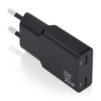 Aisens ASCH-30W2P049-BK Cargador GaN Ultra Slim 30W 2xUSB-C PD3.0 QC4.0 Negro