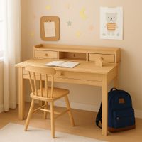 escritorio de madera natural con cajones y almacenaje de madera