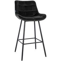 taburete de bar x1 con reposapies tapizado en terciopelo negro cuatro patas base de metal negro 100005466