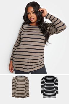 Yours Juego 2 Camisetas Algodón Manga Larga Con Rayas: Marrón Y Negra, Mujer Curvy Y Tallas Grandes, Yours
