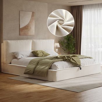 Cama Hidráulica Tapizada De 180x200 Cm En Terciopelo Beige.