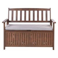 banco de jardin con almacenaje de madera maciza de acacia 2 plazas 120 cm oscuro con cojin gris sovana
