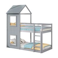 litera cabana infantil de madera de pino 90x200cm con proteccion contra caidas y escaleragris