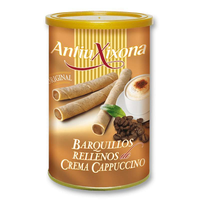 caja de 12 latas de barquillos rellenos de crema de cappuccino