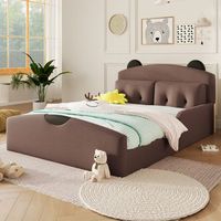cama infantil con cabecero de oso tapizada en lino 140x200 cm marron